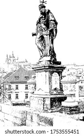 
Statue des Staatsmannes auf der Brücke von Charles. Silhouette eines Mannes in Charles-Brücke und Catedral in prague