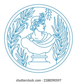 Statue or sculpture of noble man with toga. Isolated bust or portrait in rounded frame. Male character with floral decor, leaves and foliage. Ancient antique artwork design. Vector in flat style