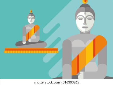 Statue of sitting Buddha. Flat illustration. Religion symbol. Asian sculpture. Meditate. Cultural landmark