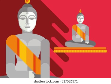 Statue of sitting Buddha. Flat illustration. Religion symbol. Asian sculpture. Meditate. Cultural landmark