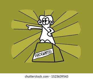 Statue standing with his arm pointing forward symbolizing progress. Cartoon vector illustration.