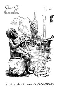 The Statue of Tamada is a replica of the figurine found in Colchic golden treasure. Tbilisi, Georgia. Black Line drawing isolated on white background. EPS10 vector illustration