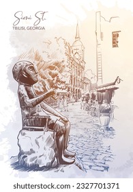 Statue of Tamada - a replica of the figurine found in Colchic golden treasure. Tbilisi, Georgia. Line drawing isolated on watercolor textured grunge background. EPS10 vector illustration