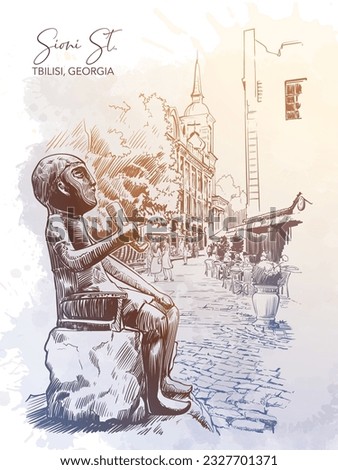 Statue of Tamada - a replica of the figurine found in Colchic golden treasure. Tbilisi, Georgia. Line drawing isolated on watercolor textured grunge background. EPS10 vector illustration