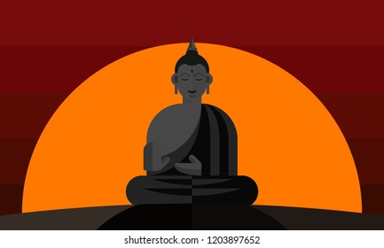 Statue of Thai Buddha with Sunset on Red Sky background - Vector Illustration