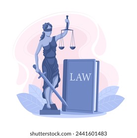 Statue of Themis - the goddess of justice. Lady Justice and the Book of the Law. The concept of legal and advocacy services, defense in court, law and justice. Vector banner in blue color.