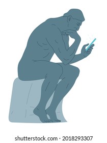 Statue of Thinker Sitting with a Smartphone in His Hand