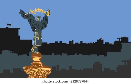 Statue in der Ukraine Beregini auf dem Monument. Vektordenkmal in Kiew. Die Statue ist eine Siegessäule, die sich auf dem Unabhängigkeitsplatz in Kiew befindet und der Unabhängigkeit der Ukraine gewidmet ist.