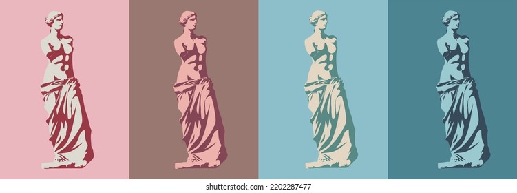 Statue of Venus de Milo (goddess of love) in four colors. Styling and separation into light and shadow. Vector illustration, EPS 10. The concept of classical sculpture in the style of pop art.Isolated