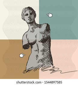 Statue of Venus de Milo on a creative modern background with a pointer.