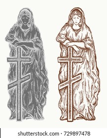 Statue of Virgin Mary with a cross. Gravestone, monument 