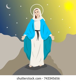 Statue of virgin mary standing on rock with cloud and sky background