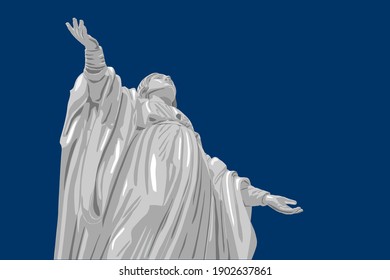 Statue of the Virgin Mary (the statue of the Immaculate Conception). Drawing on the background of a clear blue sky vector illustration.