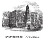 Statue of William I or Prince of Orange or William the Silent or William of Orange at The Hague or Gravenhage, in Netherlands vintage engraving. Trousset Encyclopedia.