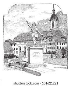 Statue of William Tell in Altdorf, Uri, vintage engraved illustration. Dictionary of words and things - Larive and Fleury - 1895.