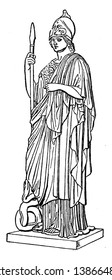 Statue of wisdom goddess Athena with spear, vintage line drawing or engraving illustration.