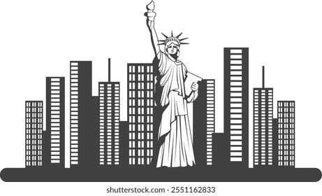 A statue of a woman holding a torch is standing in front of a city skyline