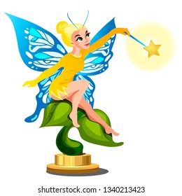 Statue of a young beautiful fairy girl with a magic wand isolated on white background. Vector cartoon close-up illustration.