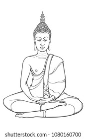 Statueof sitting Buddha meditating in the single lotus position. Intricate hand drawing isolated on white background. Tattoo design. EPS10 vector illustration