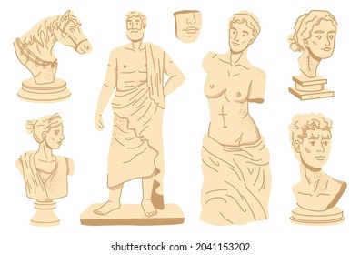 Statues of ancient Greece culture, gods and goddess bodies and face head portraits isolated icons set. Vector marble or gypsum sculptures, horse, man and woman monuments, vintage decorations