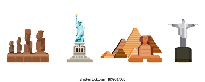 statues from different parts of the world. tourism attractions. vector flat style