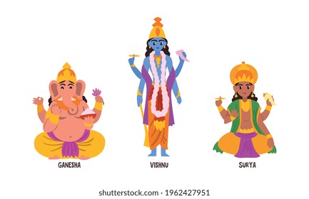Statues of Indian Gods Set, Ganesha, Vishnu, Suria Hinduism Godheads Vector Illustration