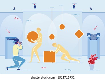 Statues Man Holding Ball and Character Pushing Cube on Floor Flat Cartoon Vector Illustration. Person Taking Photo in Modern Art Galleru or Museum. Tourist Visiting Exhibition. Sightseeing.