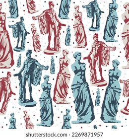 Statues of Venus de Milo (goddess of love) and Apollo Belvedere. Seamless pattern. Stylization of light and shadow. Vector illustration, EPS 10. Classic sculpture concept in pop art style. Isolated.
