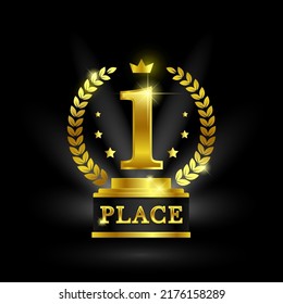 Statuette emblem of the first place with laurel branches. Vector stock illustration