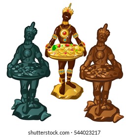 Statuette in the form of a dark-skinned man with a tray of golden jewelry isolated on a white background. Vector illustration.

