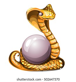 Statuette in the form of a golden cobra guarding the pearl, isolated on white background. Vector illustration.