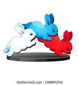 Statuette in the form of three jumping hares colors of the Russian flag of the tricolor isolated on white background. Vector cartoon close-up illustration.