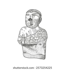 Statuette of priest-king in mantle with trefoils from Mohenjo-Daro, Pakistan. Art of Indus Valley Harappan civilization, 2 thousand BC. Hand-drawn black and white sketch vector illustration.