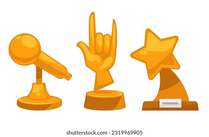 Statuetten oder goldene Preise für Musiker, Popsänger und Rocker. Einzelne Preise in Form von Mikrofon, Sternschuss und Hörner Handgeste oder Symbol. Zeremonie oder Lob. Vektorgrafik im Flachstil