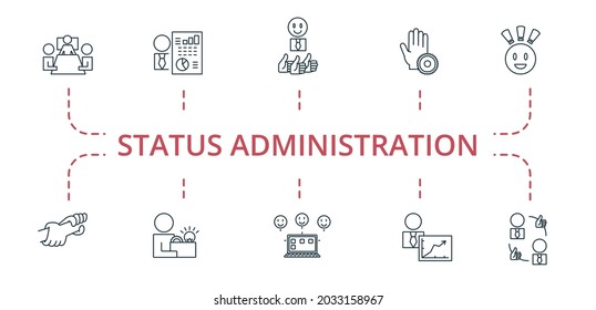 Status Administration Icon Set. Contains Editable Icons Theme Such As Outsource Management, Business Report, Impression And More.