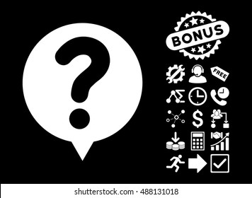 Status Balloon pictograph with bonus elements. Vector illustration style is flat iconic symbols, white color, black background.