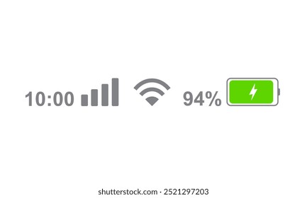 Ícone da barra de status isolado no plano de fundo branco. Ícones de status da barra de telefone, drenagem de bateria em verde, Indicador móvel de tempo, sinal Wi-Fi. Ilustração de vetor