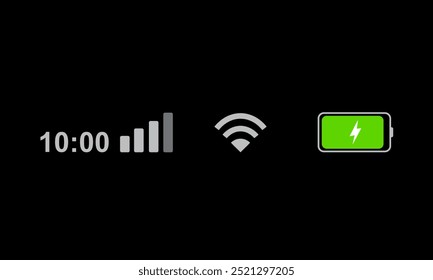 Status bar icon isolated on black background. Phone bar status Icons, battery drain in green, Mobile indicator of time, Wi-Fi signal. Vector Illustration