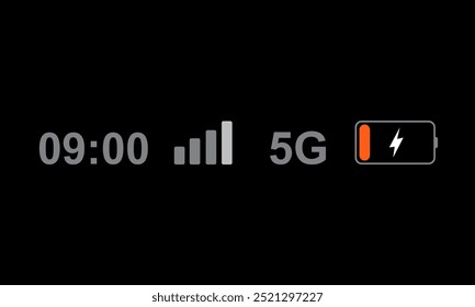 Status bar icon isolated on black background. Phone bar status Icons, battery drain in green, Mobile indicator of time, Wi-Fi signal. Vector Illustration