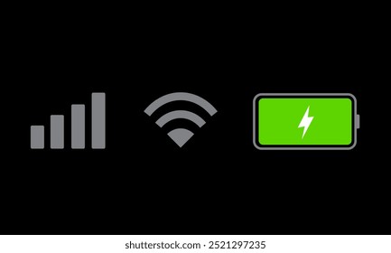 Ícone da barra de status isolado no plano de fundo preto. Ícones de status da barra de telefone, drenagem de bateria em verde, Indicador móvel de tempo, sinal Wi-Fi. Ilustração de vetor