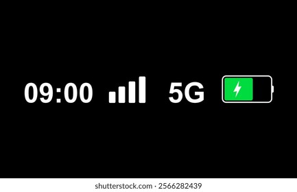 Status bar icon isolated on white background. Phone bar status Icons, battery drain in green, Mobile indicator of time, Wi-Fi signal. Vector Illustration