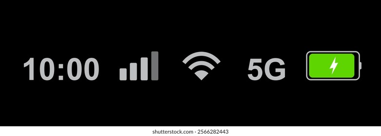 Status bar icon isolated on white background. Phone bar status Icons, battery drain in green, Mobile indicator of time, Wi-Fi signal. Vector Illustration