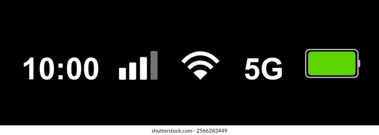 Status bar icon isolated on white background. Phone bar status Icons, battery drain in green, Mobile indicator of time, Wi-Fi signal. Vector Illustration