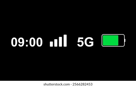 Status bar icon isolated on white background. Phone bar status Icons, battery drain in green, Mobile indicator of time, Wi-Fi signal. Vector Illustration