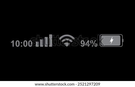 Status bar icon isolated on black background. Phone bar status Icons, battery drain in green, Mobile indicator of time, Wi-Fi signal. Vector Illustration