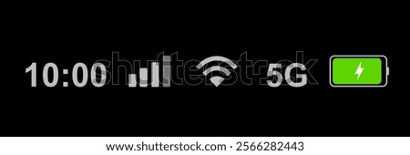 Status bar icon isolated on white background. Phone bar status Icons, battery drain in green, Mobile indicator of time, Wi-Fi signal. Vector Illustration