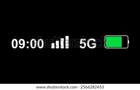 Status bar icon isolated on white background. Phone bar status Icons, battery drain in green, Mobile indicator of time, Wi-Fi signal. Vector Illustration