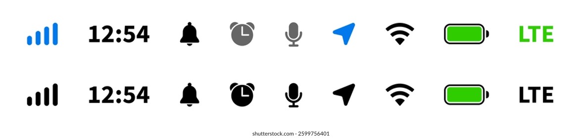 Status bar icon. Network, time, GPS, battery, signal, wifi. Vector