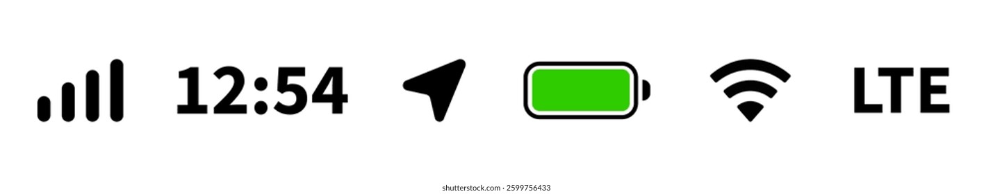 Status bar icon. Network, time, GPS, battery, signal, wifi. Vector