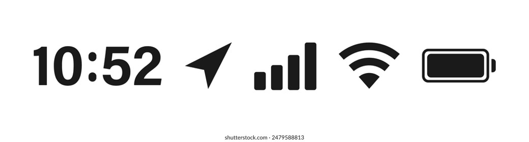 Symbol für Status-Leiste. Zeit, GPS, Signal, Batterie, WiFi. Vektorgrafik.